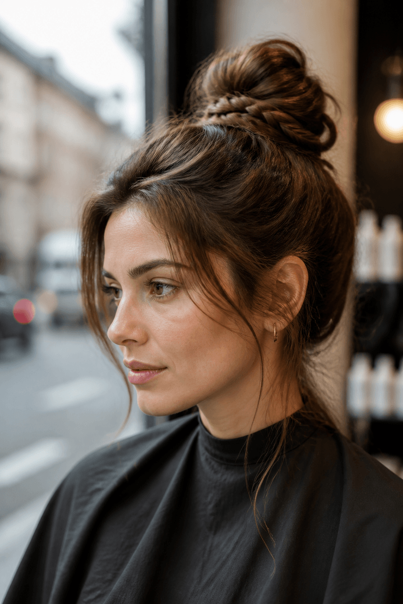 Messy Bun mit lockerer Flechtsträhne für lange Haare