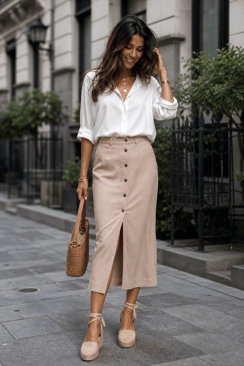 Sommeroutfit mit Nude-Rock, lockerem Top und Espadrilles