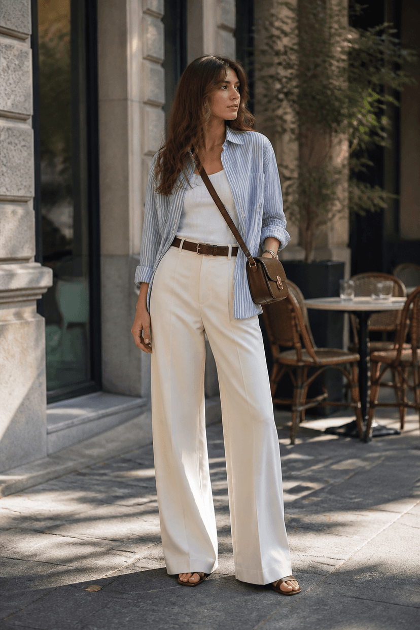 Offene Hemdbluse über Top mit Umhängetasche im Sommer