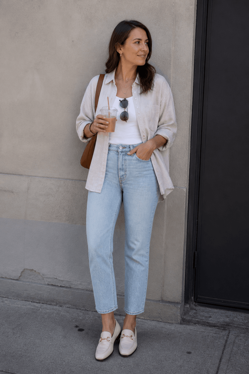 Frau im Oversized-Leinenhemd, Mom-Jeans und Loafern