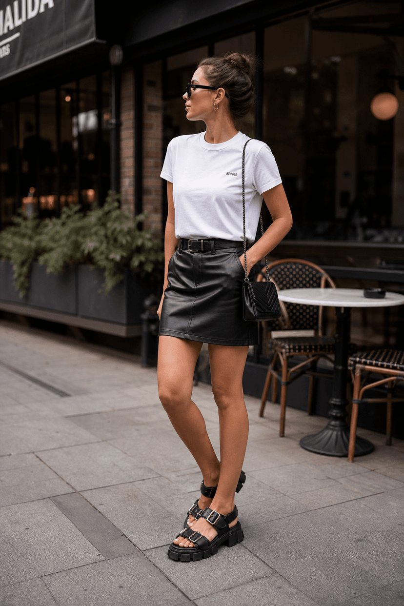 Schwarzer Leder-Minirock Sommer-Outfit mit T-Shirt und Sandalen