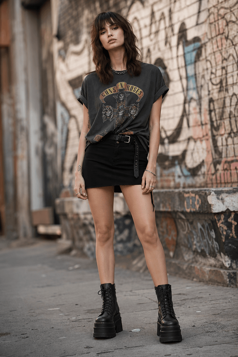 Schwarzer Minirock mit Bandshirt und Plateau-Boots