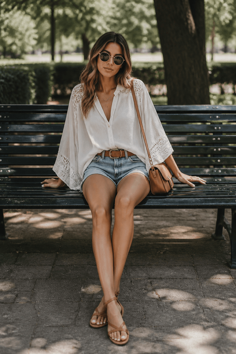 Sommeroutfit mit weiter Bluse, Shorts und Sonnenbrille