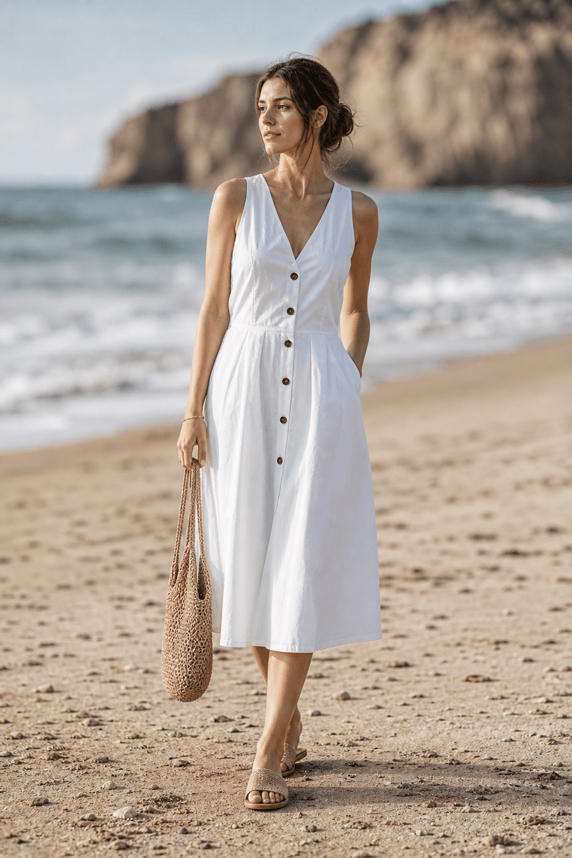 Frau im weißen Midi-Kleid und Bast-Sandalen am Strand