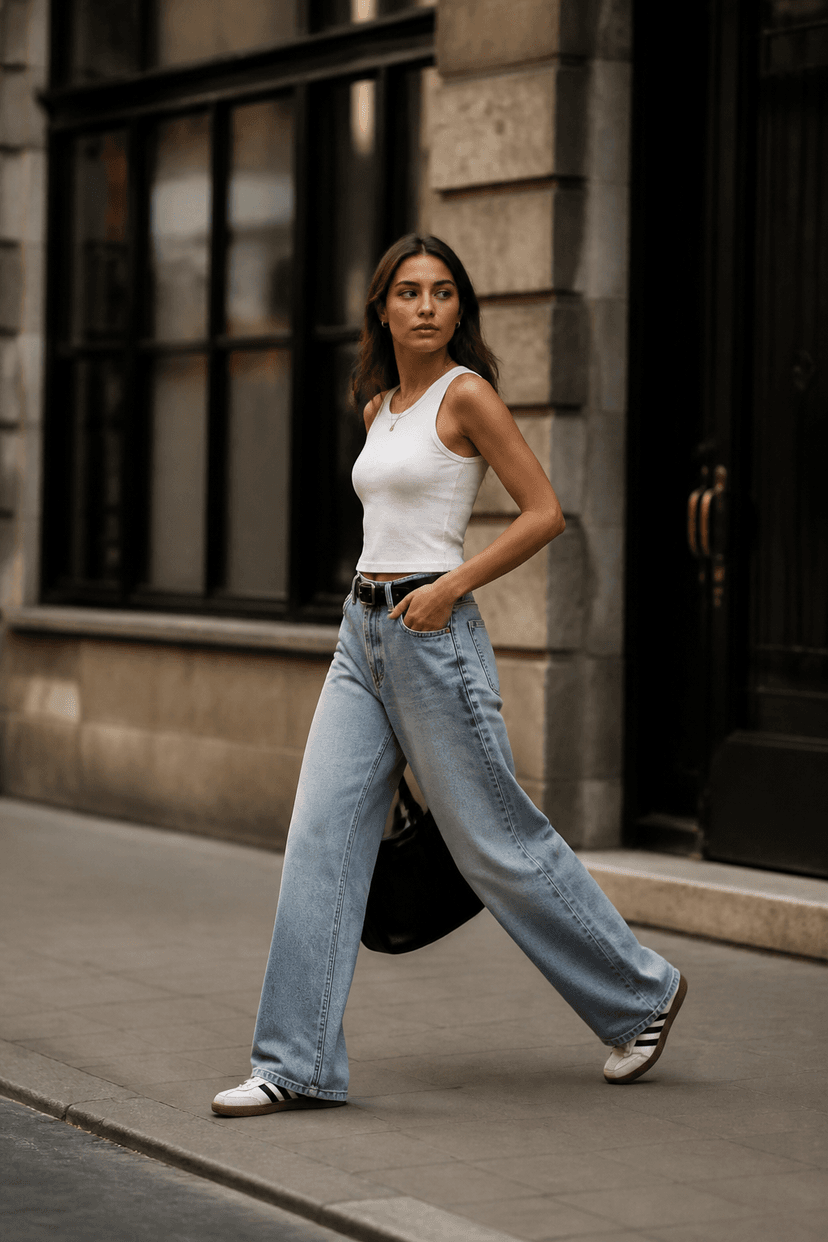 Frau trägt Boyfriend-Jeans, ärmelloses Shirt, Retro-Sneaker