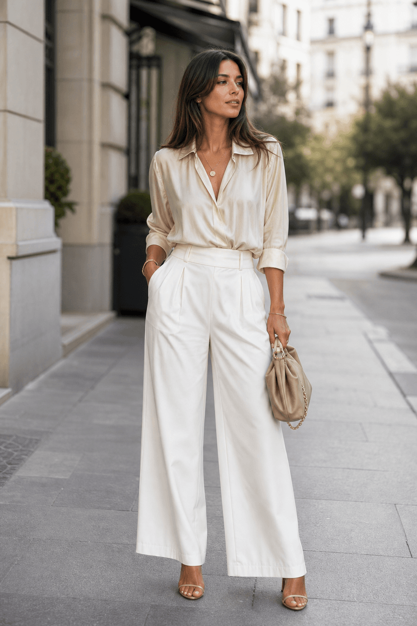Frau in Culottes und Seidenbluse mit Goldschmuck