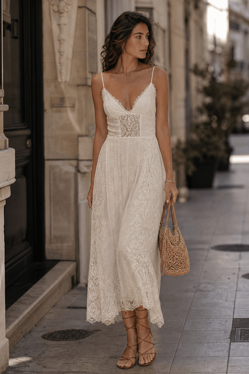 Frau im cremefarbenen Spitzenkleid mit Riemchensandalen