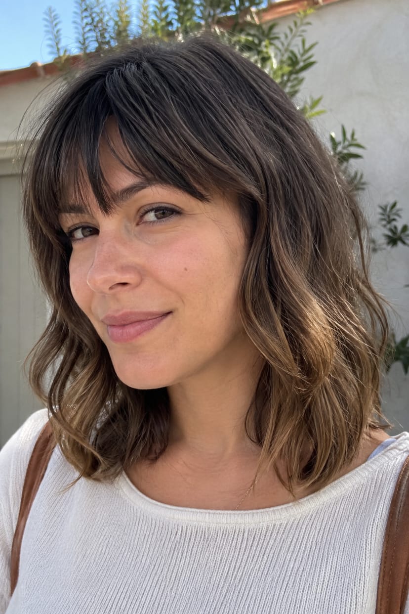Layered lob mit sanften Wellen und Pony