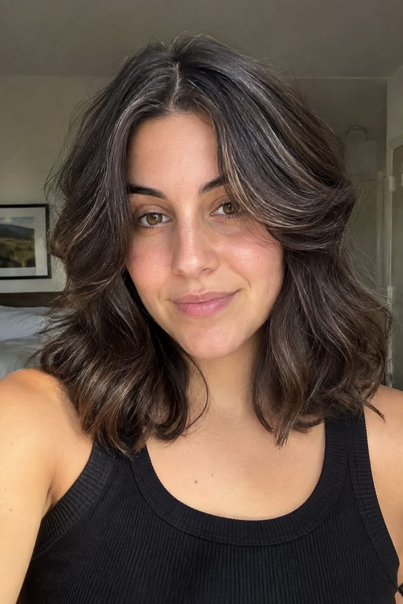Wavy lob mit curtain bangs frontalaufnahme