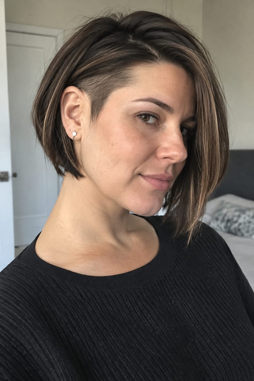Asymmetrischer Bob mit rasiertem Nacken, dreiviertel-Porträt