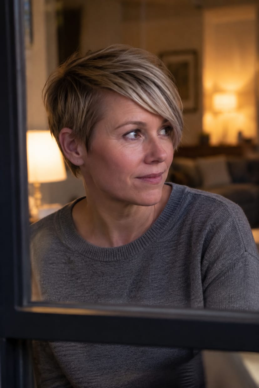 Asymmetrischer Pixie mit diagonalem Pony, Nahaufnahme seitlich
