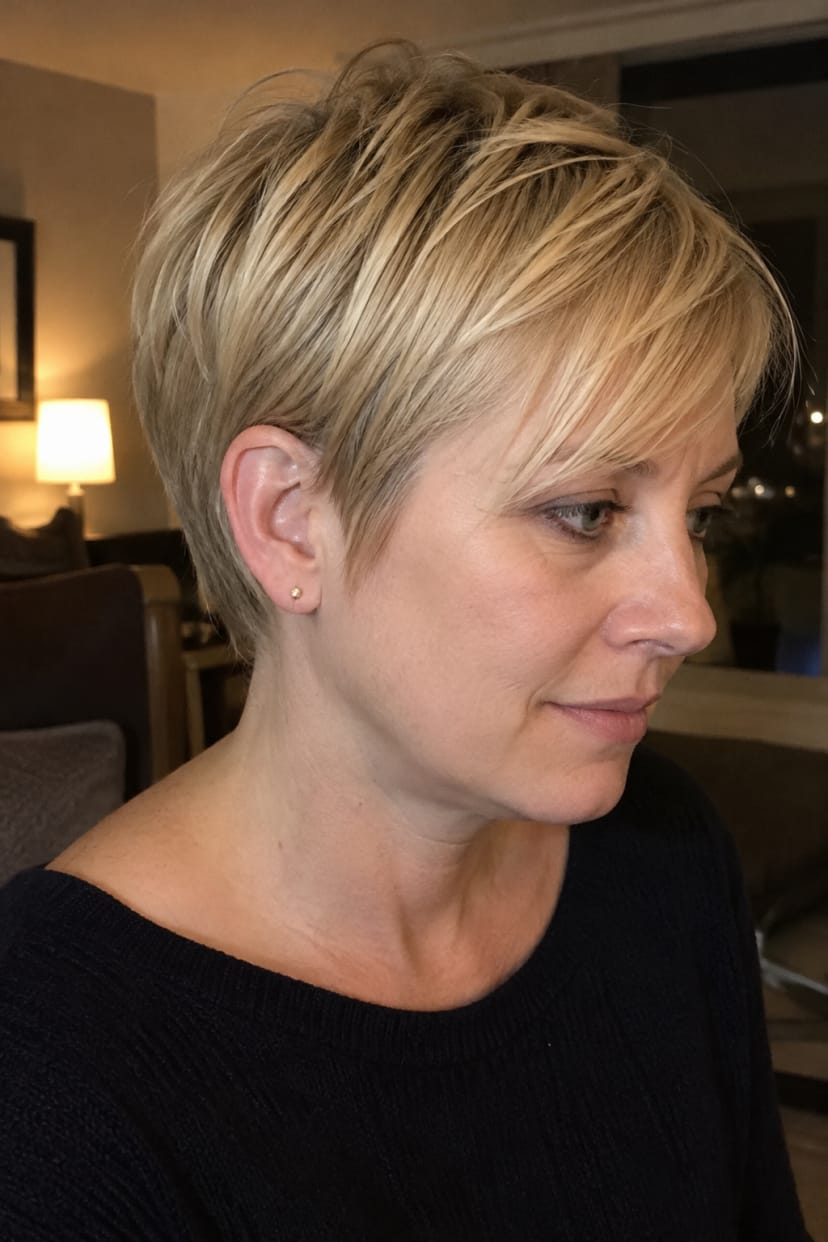 Blonder Pixie im Dreiviertelprofil, kurze Textur