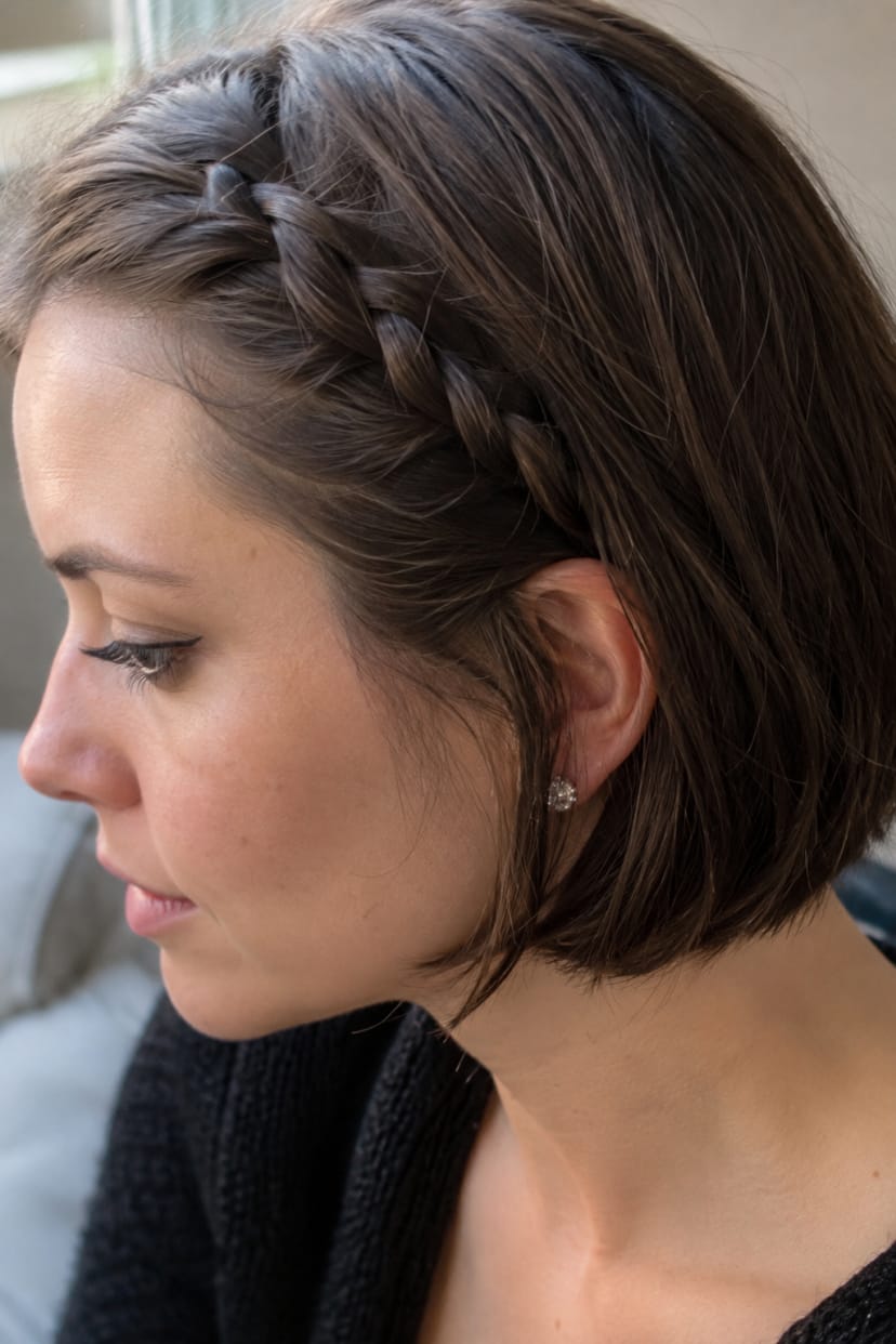 Seitenprofil kurzer Bob mit feinem Schläfenzopf