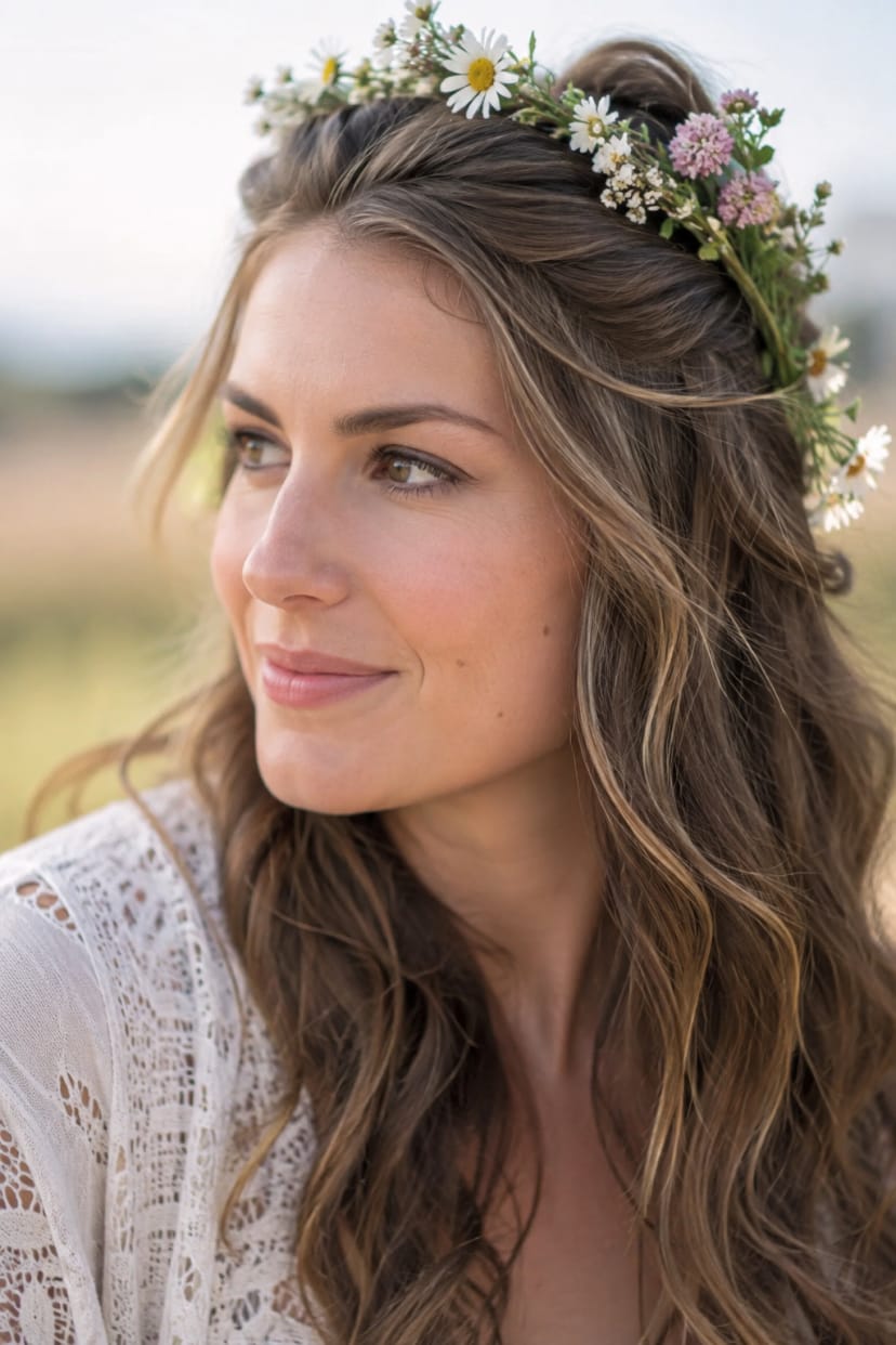 Half-up Boho mit Blumenkranz und Wellen