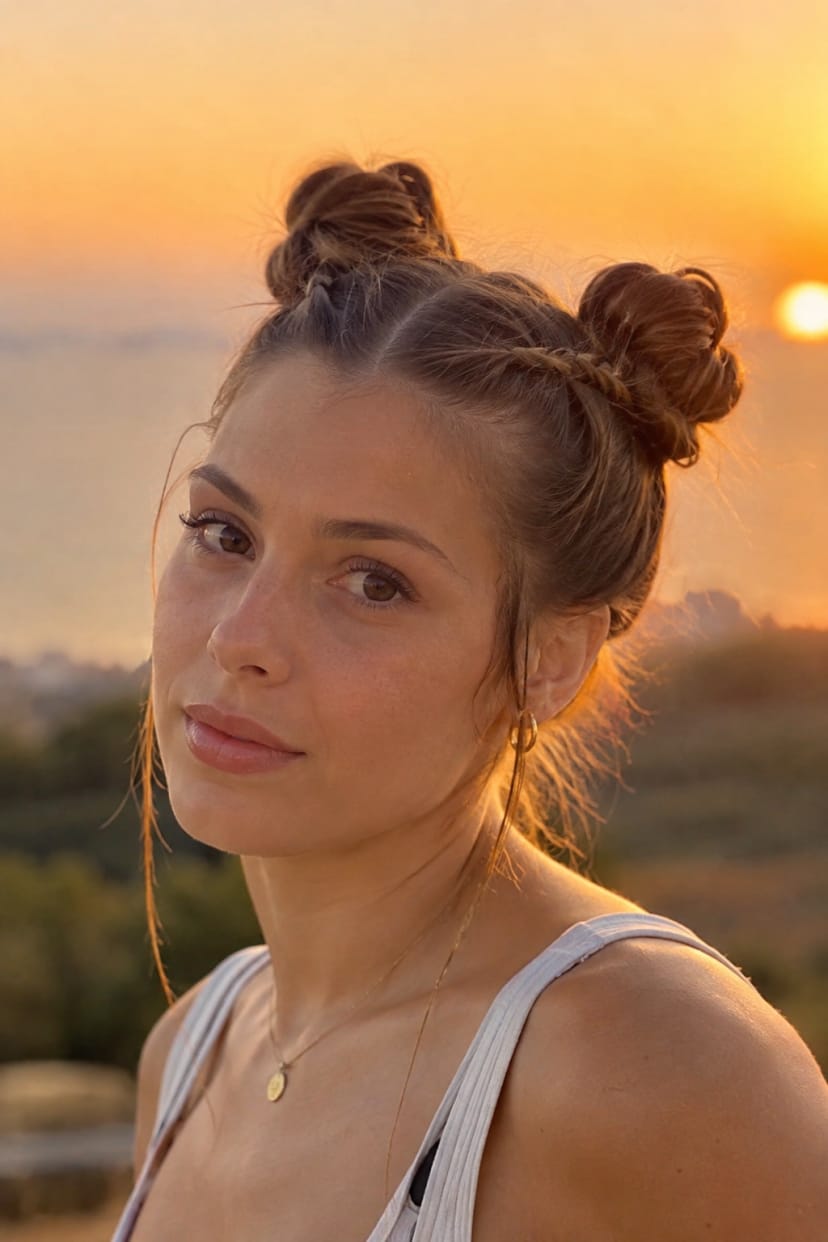 Double bun mit seitlichen Twists, Halbnahaufnahme