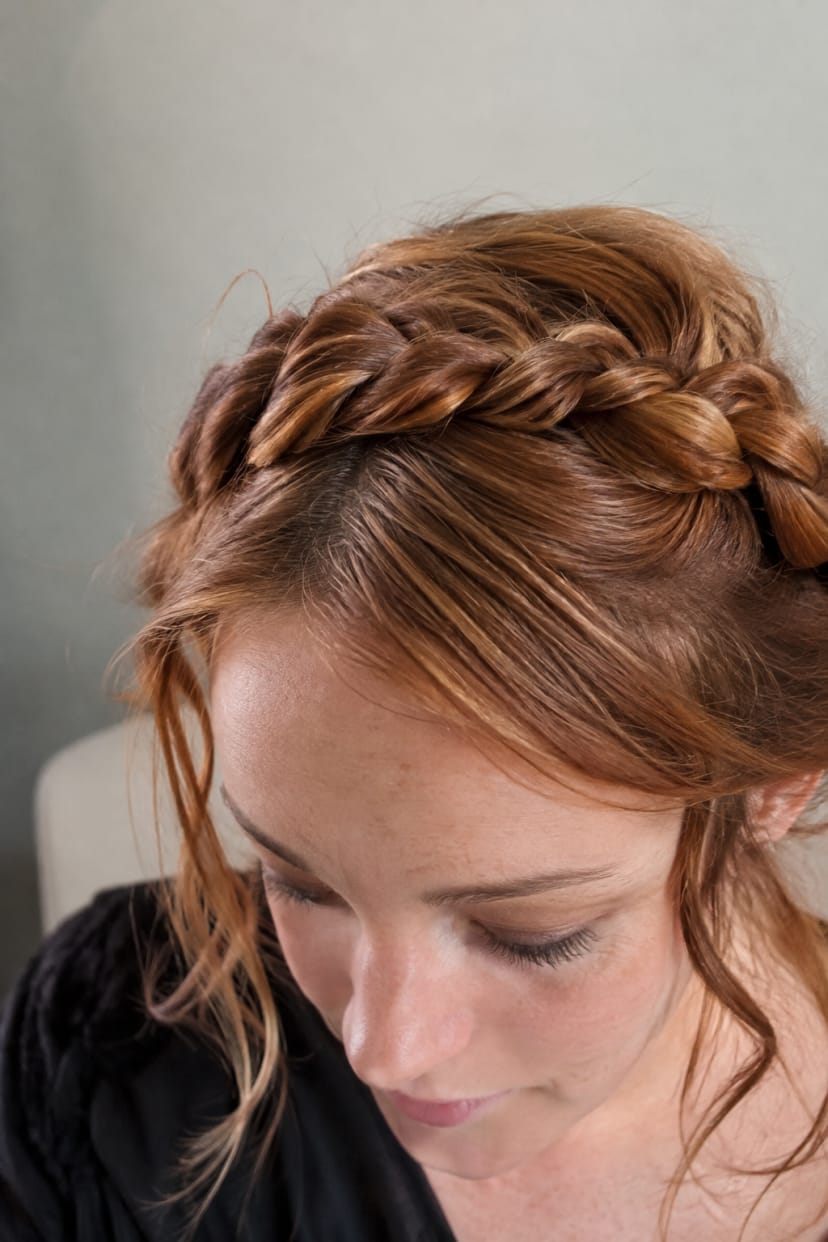 Rote Haare mit geflochtener Krone und lose Strähnen