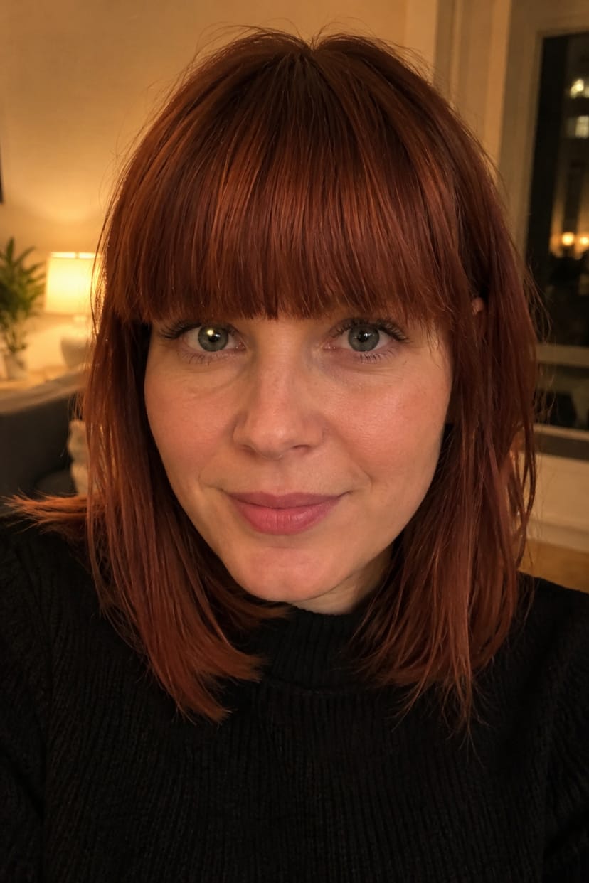 gerader Pony, schulterlange rote Haare, Nahaufnahme