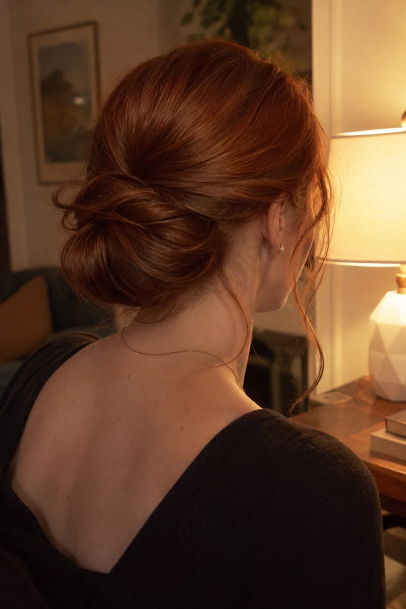 Roter niedriger gedrehter Chignon, Rückansicht