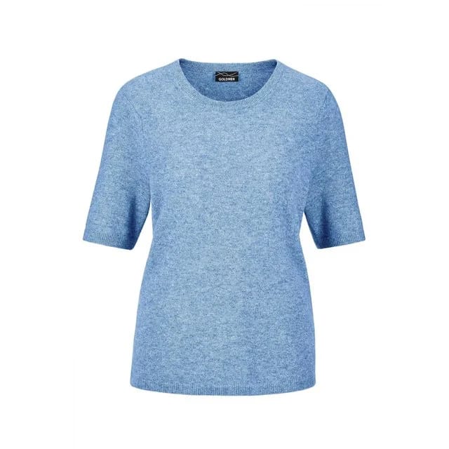 Goldner Kurzarmpullover, himmelblau