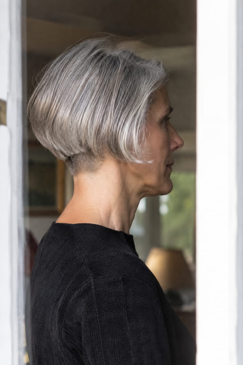 seitliche Aufnahme grauer bob undercut