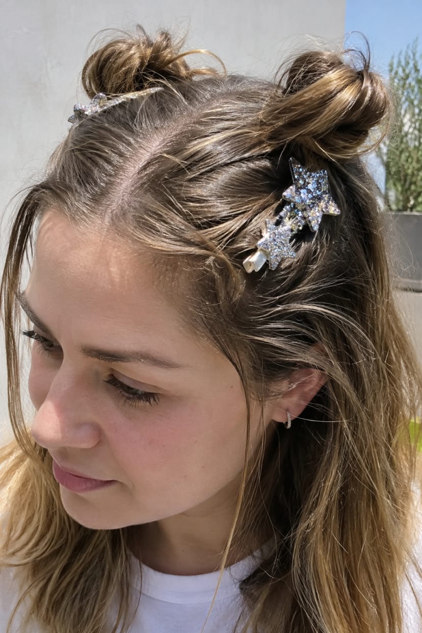 Halboffene Space Buns mit Glitzer an der Schläfe