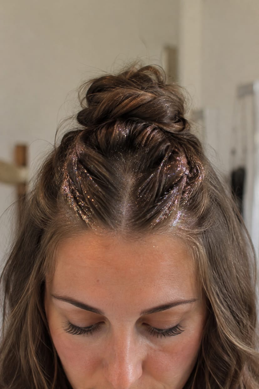 Nahaufnahme halbhoch gedrehter Twist mit Glitzer