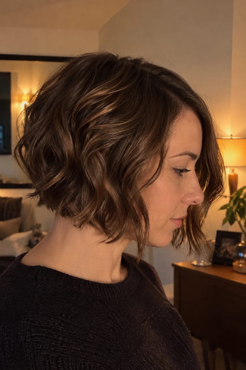 Profilaufnahme welliger Inverted Bob, weiche Kontur