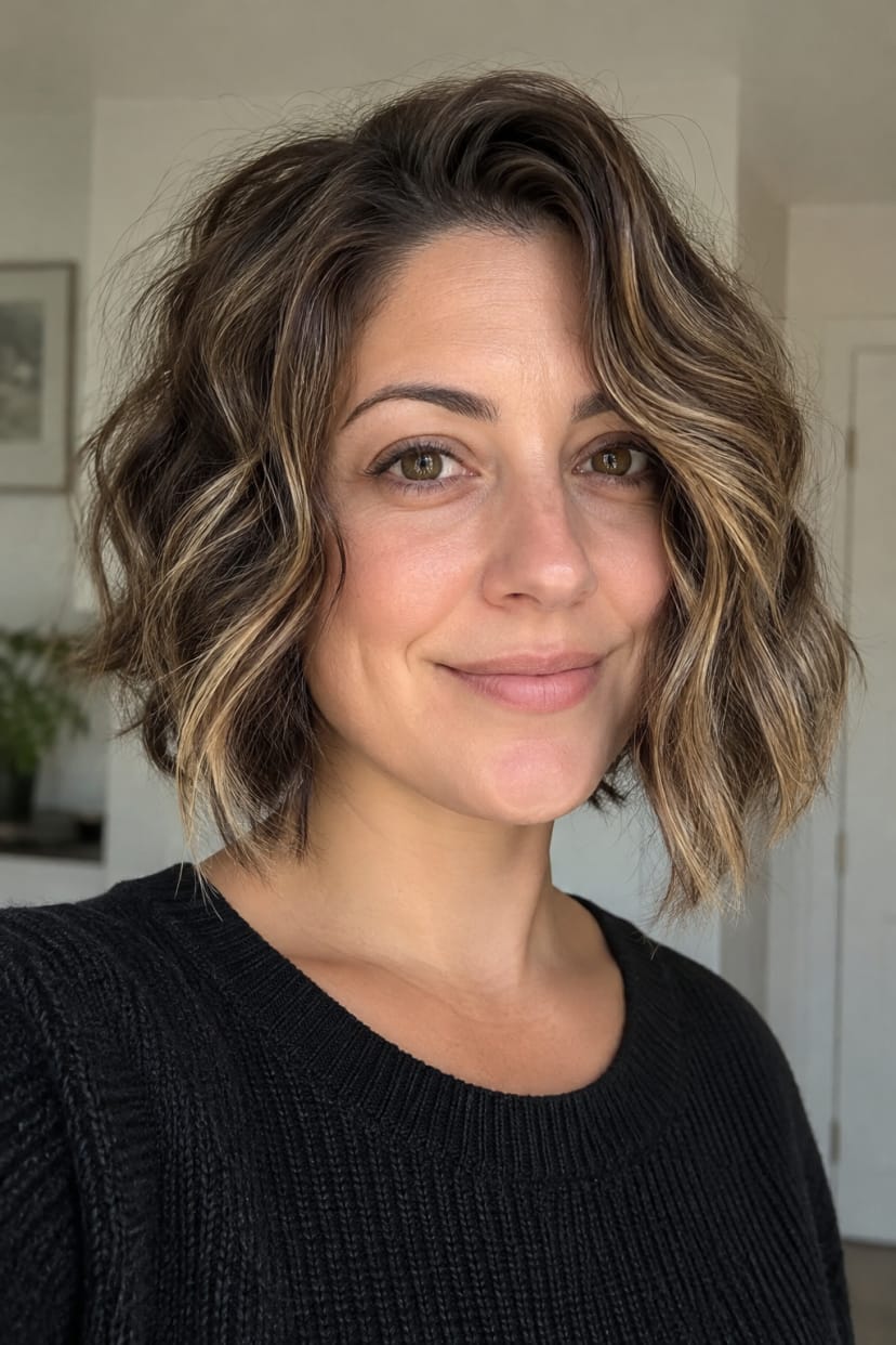 Schulternaher Inverted Bob mit lockeren Beach Waves