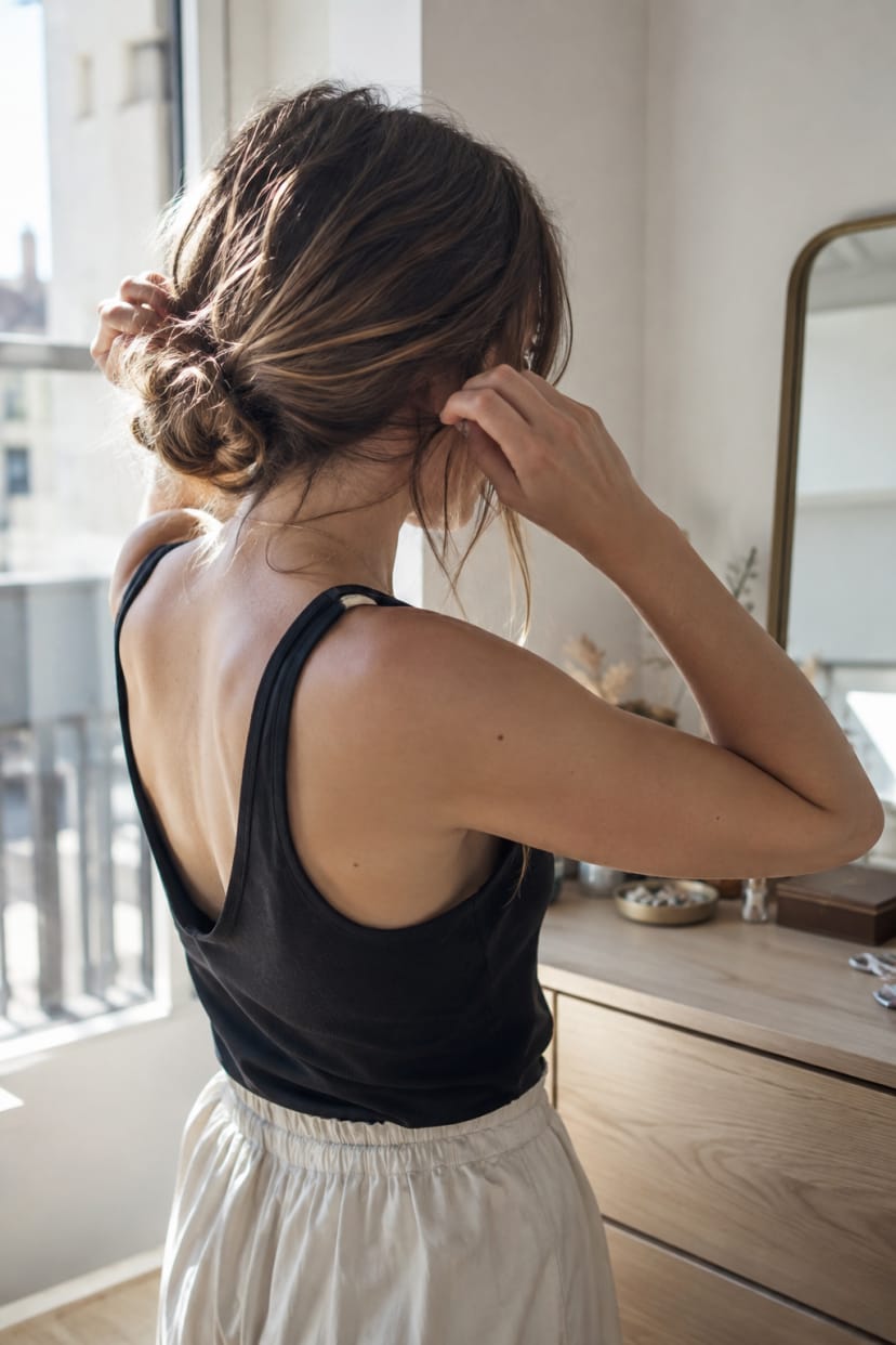 Messy Bun nackenansicht mit losen Strähnen