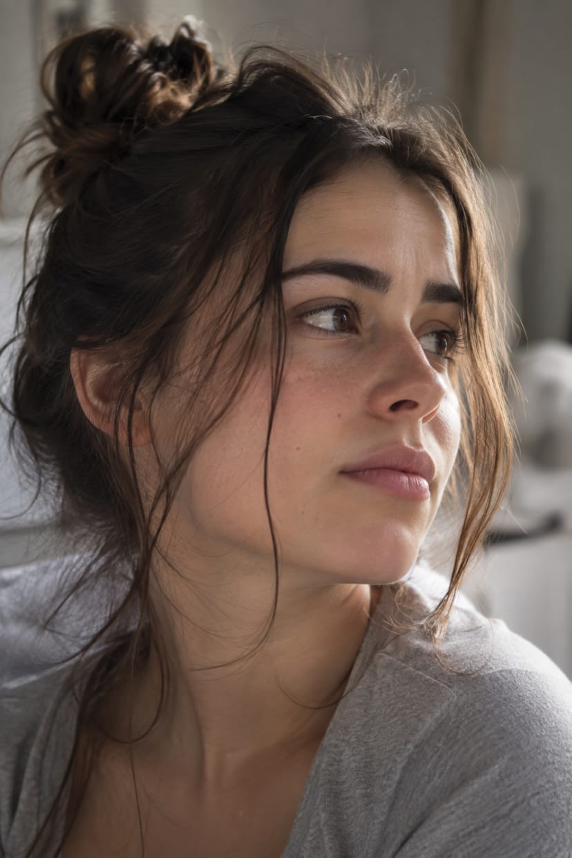 Messy Bun mit losen Strähnen Nahaufnahme