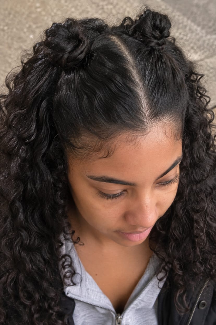 Curly half-up mit zwei mini-knoten