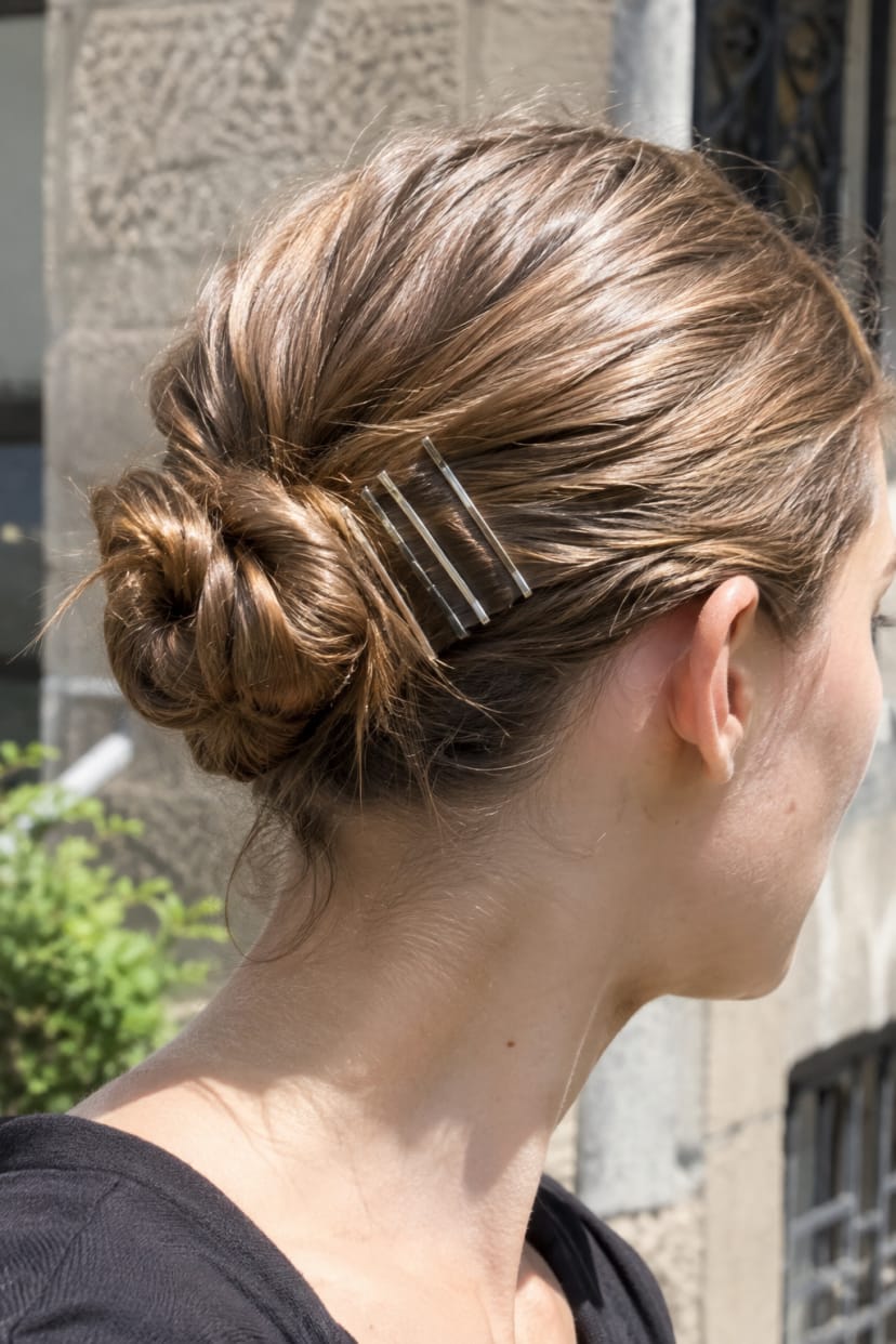 Low Bun mit metallischen Haarspangen nahaufnahme