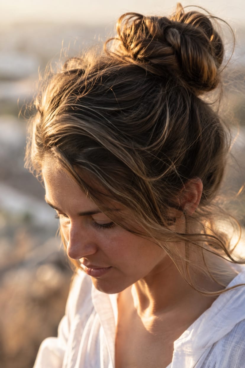 Nahaufnahme messy braided bun mit Strähnen