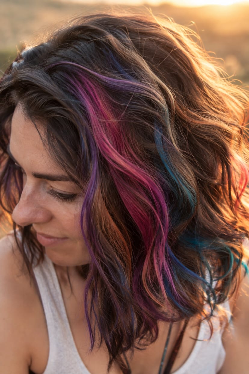 Nahaufnahme mittellange Haare mit farbigen Strähnen