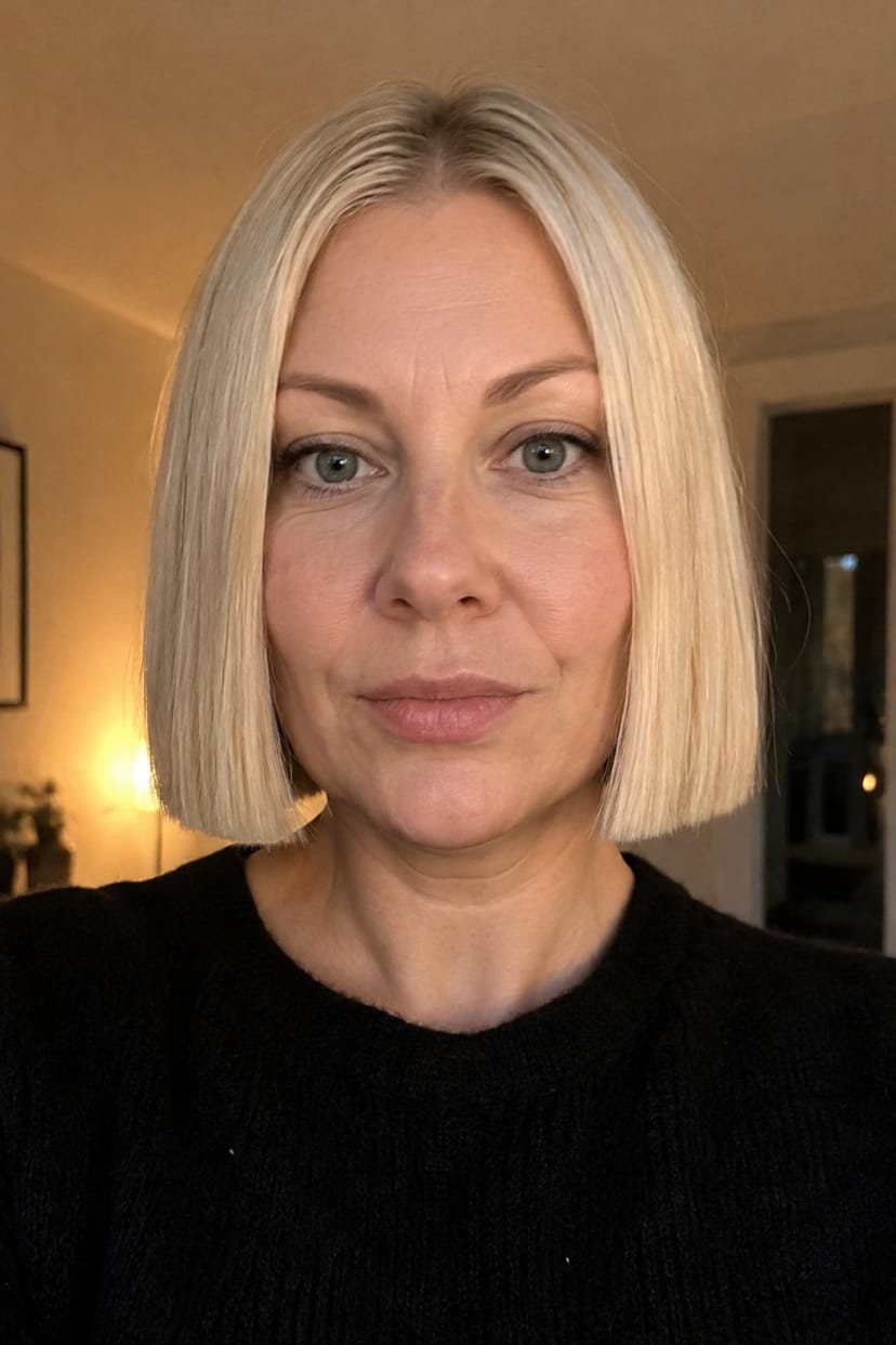 Platinblonder Blunt Bob mit scharfer Kante frontal