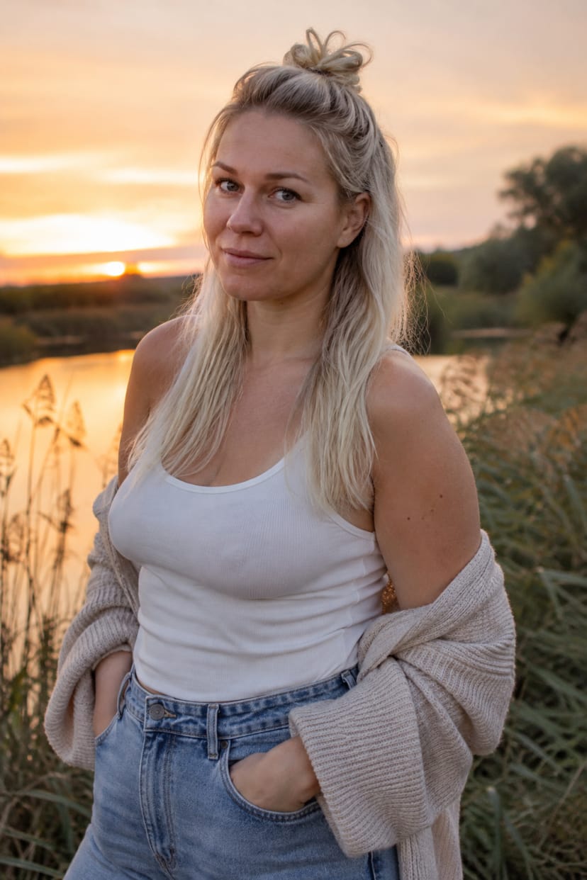 Platinblonde Frau mit Half-Up Bun