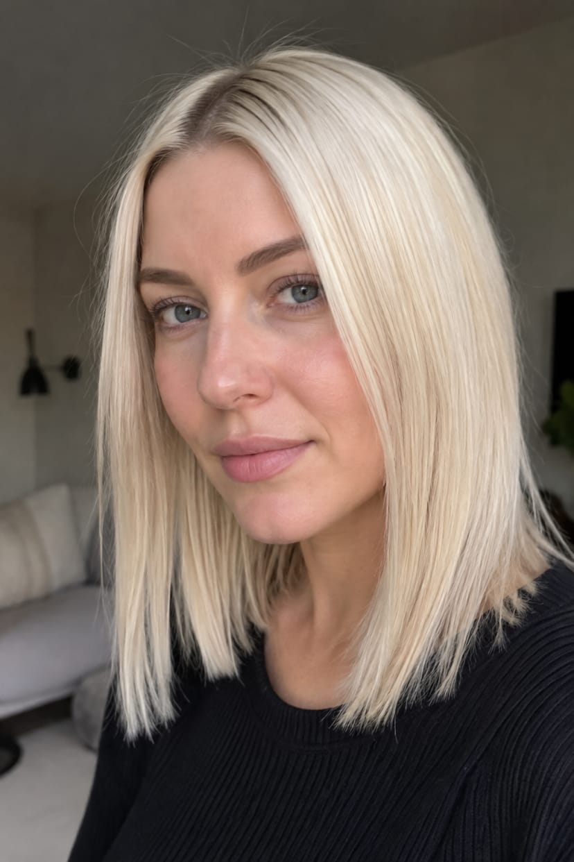 Platinblonder Long Bob, Mittelscheitel, glattes Haar
