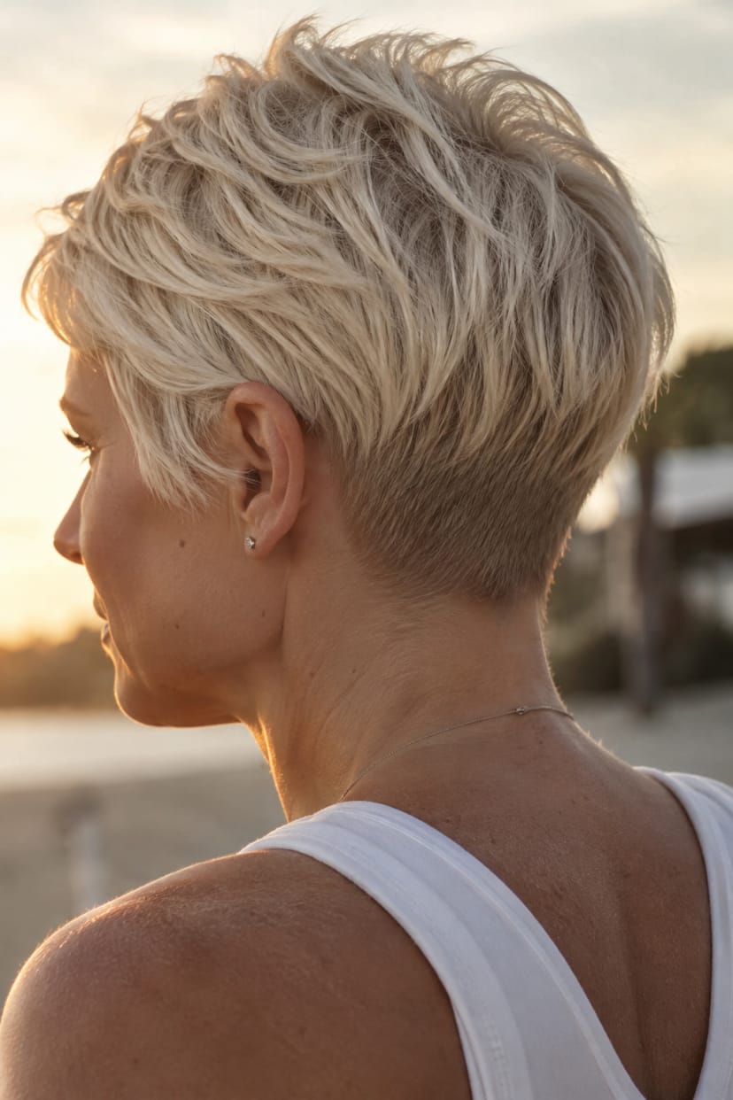 Platinblonder Pixie von hinten und seitlich