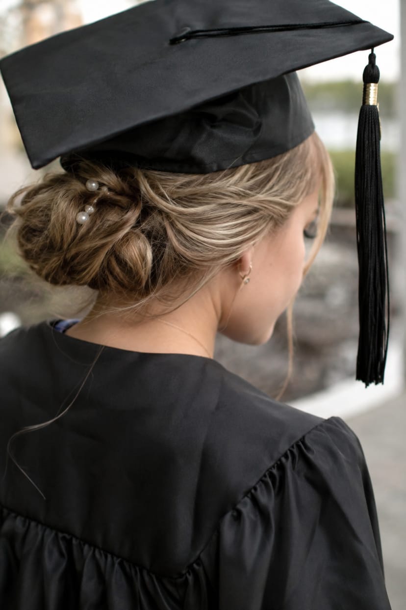 seitliche Nahaufnahme messy bun mit Perlen