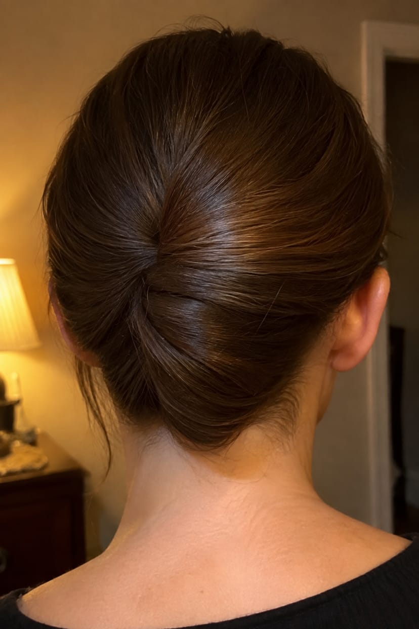 Rückansicht sleek bun mit spitzem Nacken