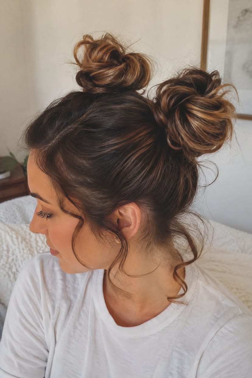 Half-profile close-up zwei hohe Space Buns mit gelockten Spitzen