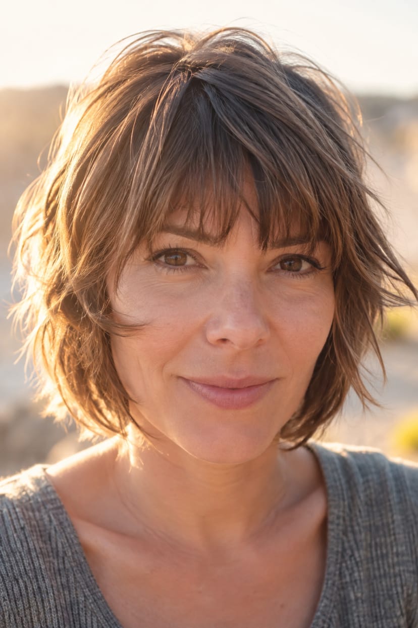 Stufiger Bob mit fransigem Pony, Nahaufnahme