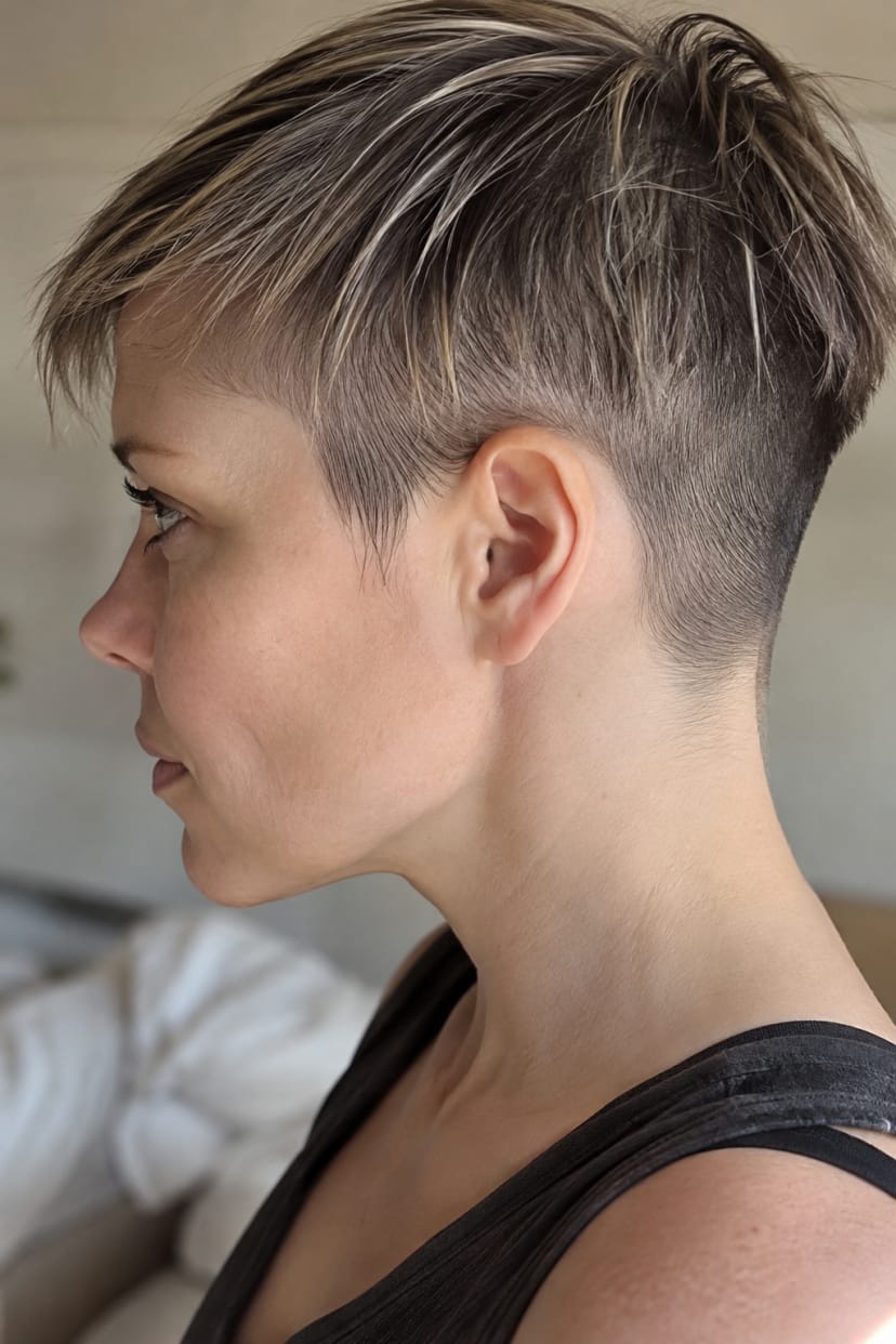 Profilnahaufnahme Undercut Pixie mit kurzem Nacken