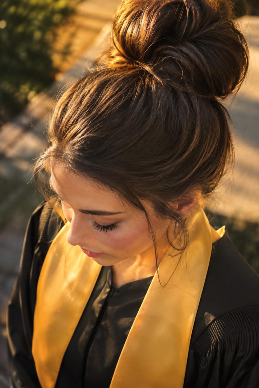 Voluminöser High Bun auf glattem Haar