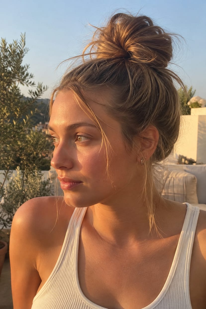 seitliche Nahaufnahme voluminöser Top Bun mit Textur