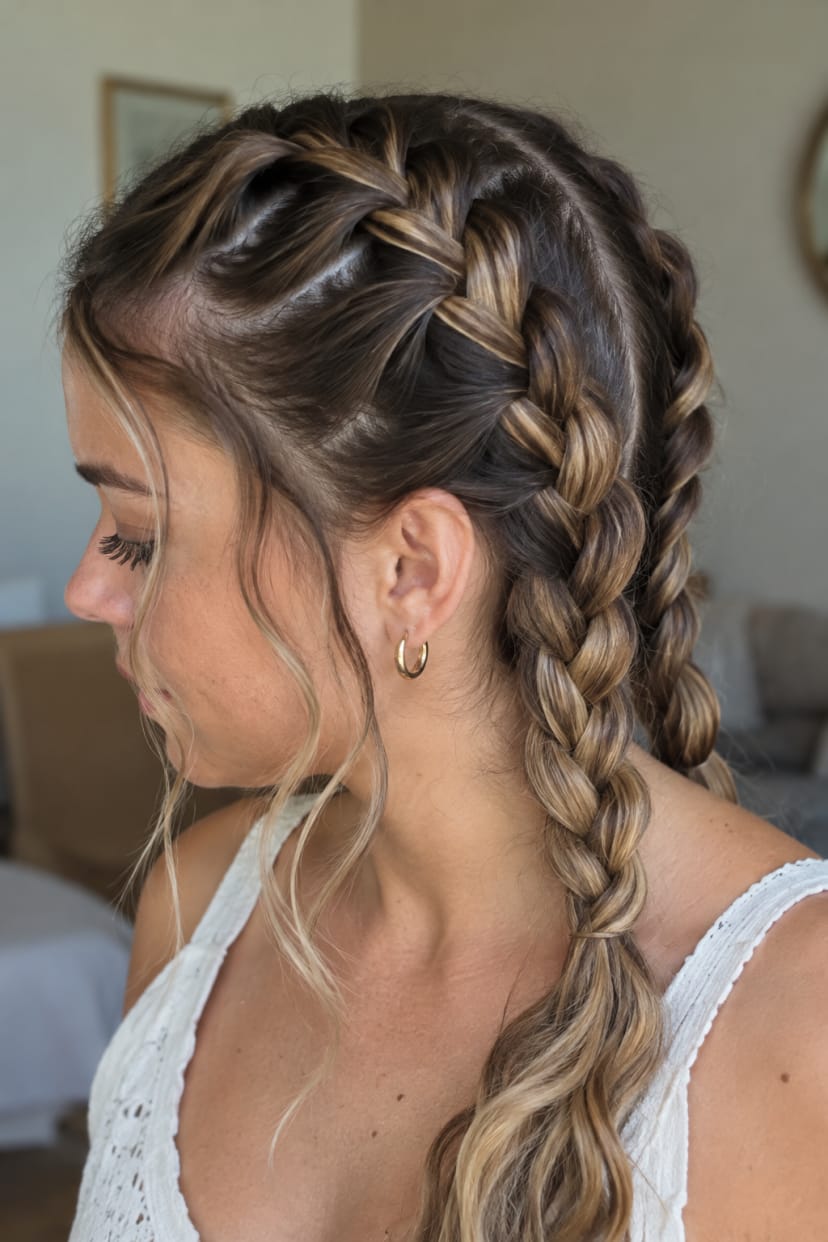 Nahaufnahme zwei Dutch Braids mit gewellten Längen
