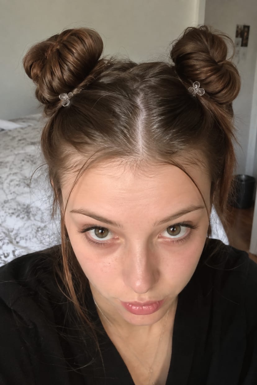 Zwei glatte Space Buns von leicht oben fotografiert
