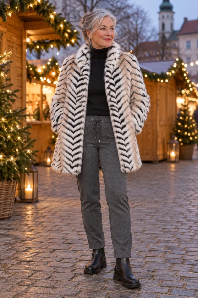 Frau trägt Kunstpelz-Kurzmantel für den Weihnachtsmarkt – Weihnachtsmarkt mit den Enkeln