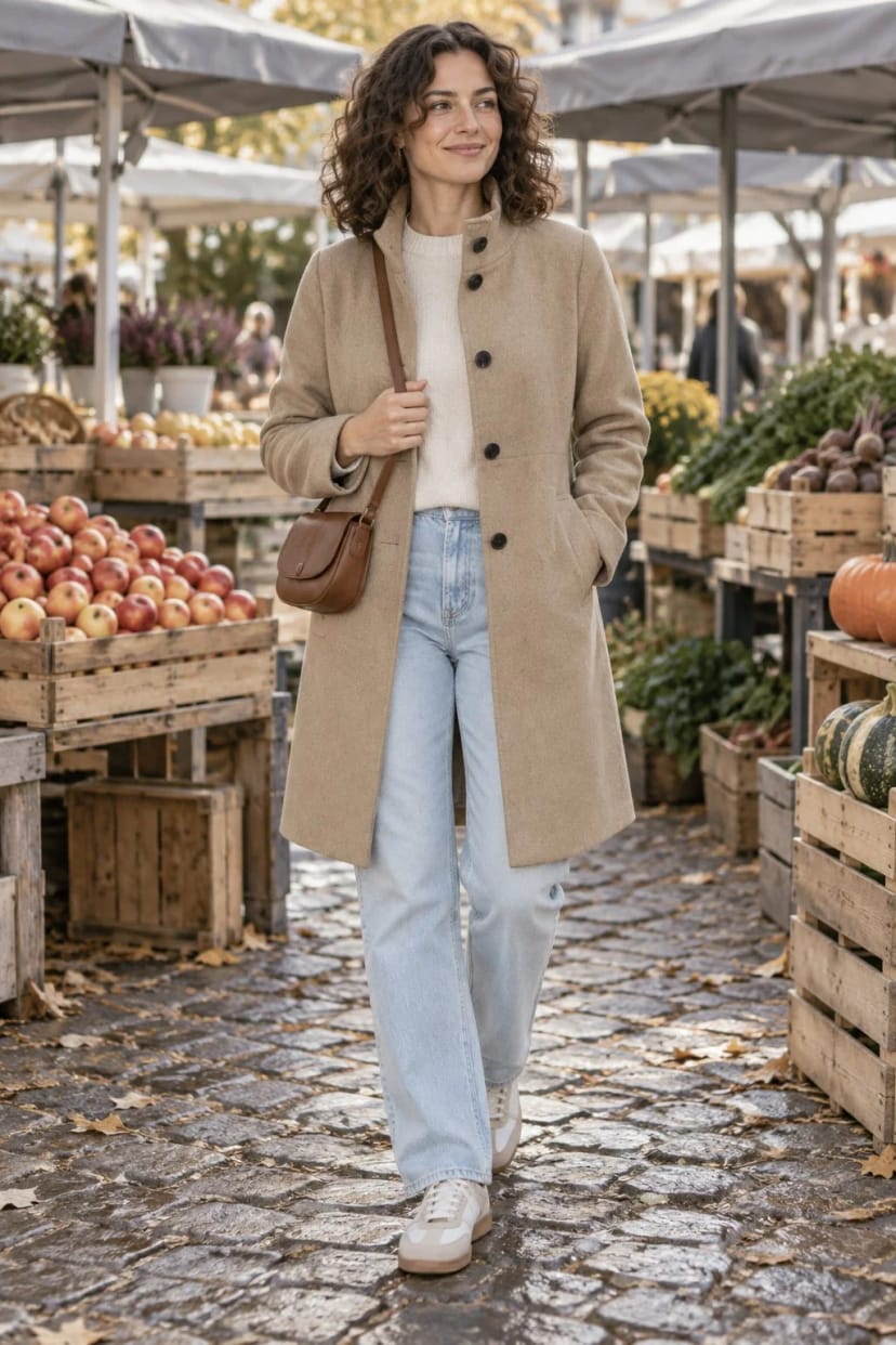 Frau trägt Wollmantel in Sand mit heller Straight-Jeans – Samstagvormittag auf dem Wochenmarkt