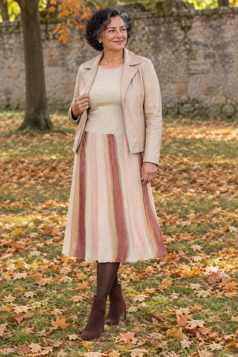 Frau trägt Gemustertes Strickkleid unter heller Lederjacke – Mittagspause im Park, 15 Grad